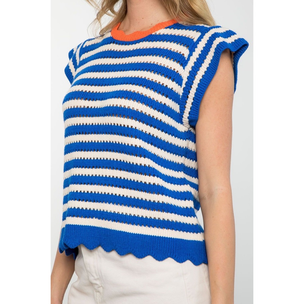 Birds of Paradis Trovata Jules Crochet Sweater Small Blue White Stripe Nautical
